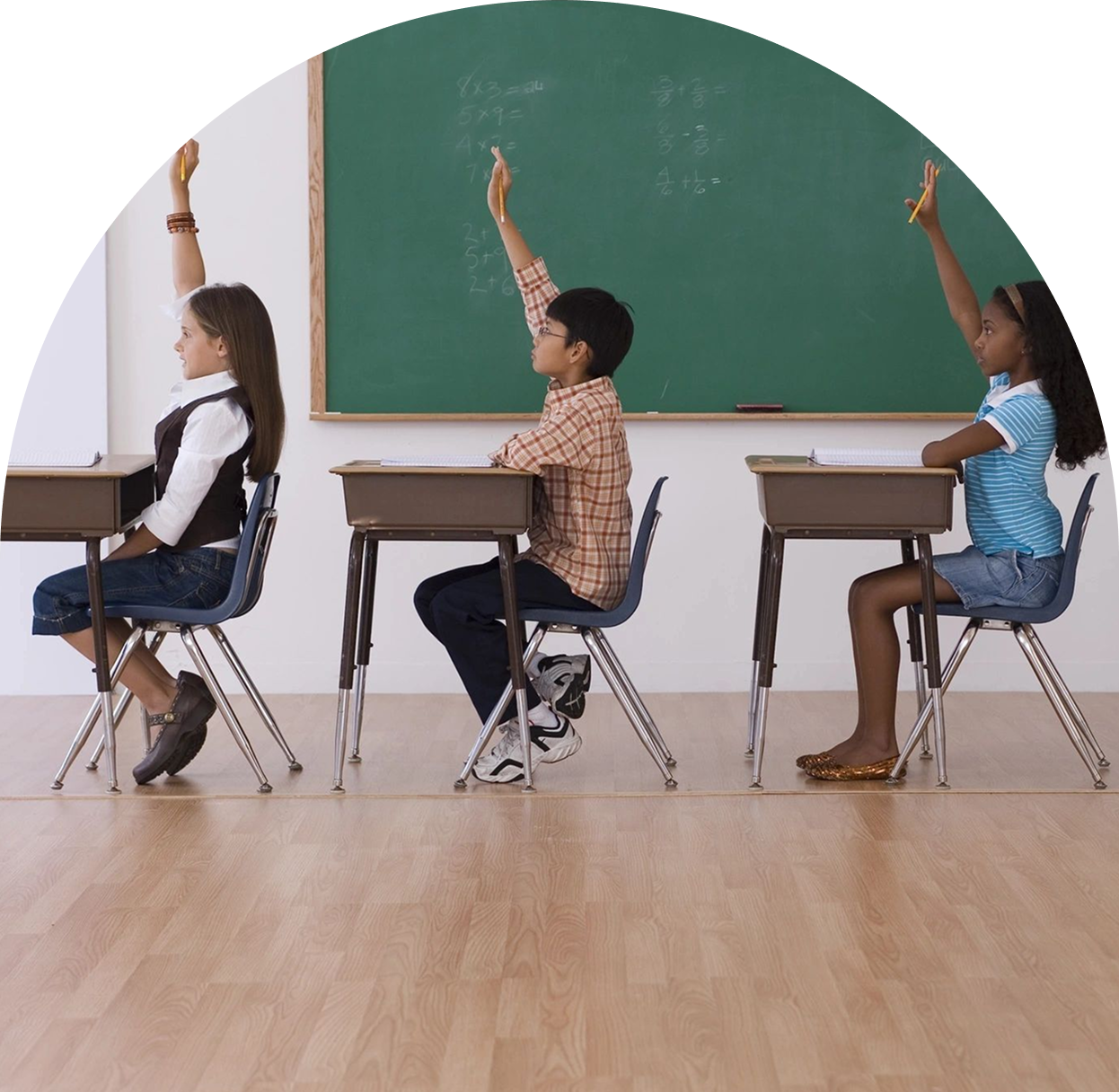 h1 (1) A group of kids sitting at desks raising their hands.