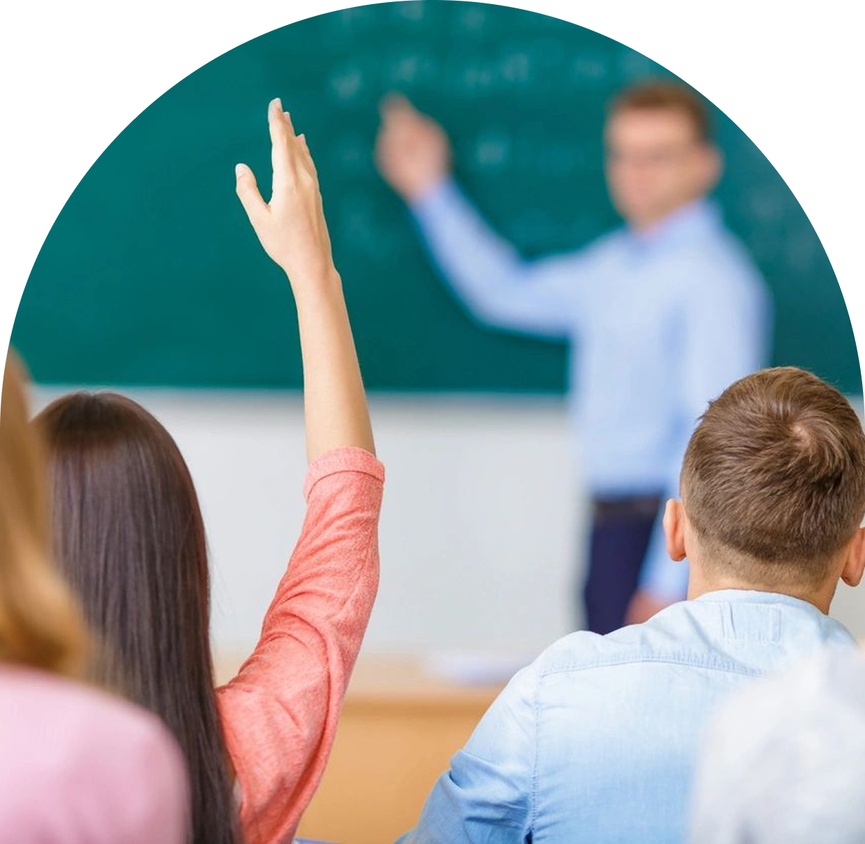 h1-1 A group of people sitting in front of a chalkboard.